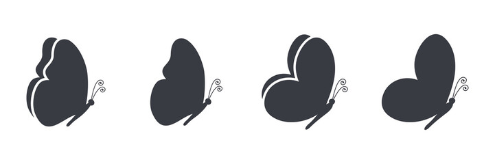 Butterfly silhouettes set. Various butterflies shapes collection. Side view. Vector illustration isolated on white.
