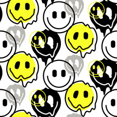 Melting smile emoji icons seamless pattern. Melted funny yellow smile face. Dripping smile. Good mood positive emoji.
