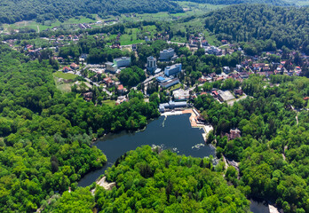Aerial landscape with Ursu Lake in Sovata resort - Romania