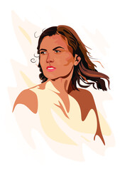 Stylised gouache vector portrait of a girl with short fluttering hair in beige and brown tones. 