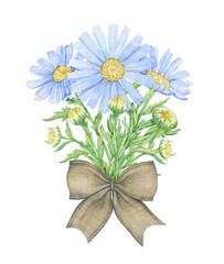 Fototapeta premium watercolor image of a bouquet of daisies tied with a gray ribbon