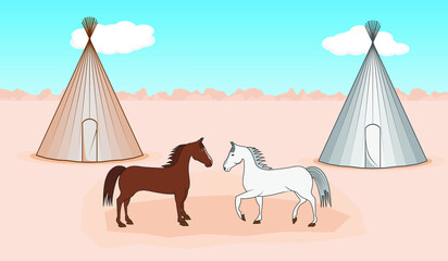 Teepe – Tipi or Teepee The conical tent of native Americans people or Indian with horses drawing in cartoon vector © Kitichan