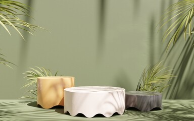 Podium display for product presentation with leaves, 3d render, 3D illustration