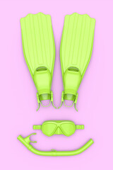 Colorful scuba mask, flippers and snorkeling tube on pink background