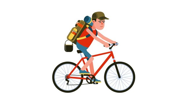 Cyclist on a hike with backpack. Hiker with backpack on mountain bike. Looped animation