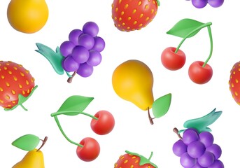 3d Fruit and Berry Pattern Background Plasticine Cartoon Style on a White Summer Concept. Vector illustration