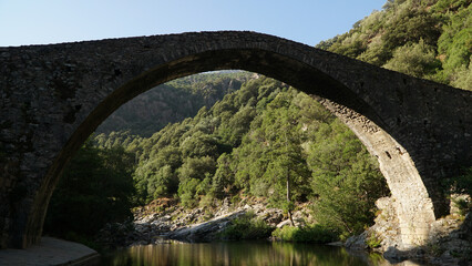 Fototapeta na wymiar Old genovese stone bridge over the River Porto near Ota Village on Corsica Island in France.