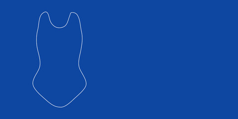 A large white outline one-piece swimsuit symbol on the left. Designed as thin white lines. Vector illustration on blue background