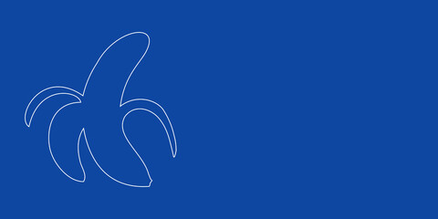 A large white outline peeled banana symbol on the left. Designed as thin white lines. Vector illustration on blue background