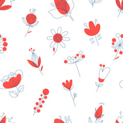 Fototapeta na wymiar Stylish seamless pattern with flowers in one line style. Flowers and leaves background in trendy minimalistic linear style. Trendy texture for your design. Vector illustration.