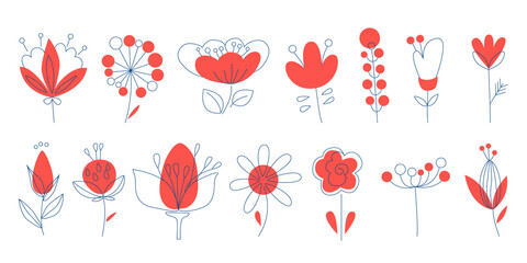 Fototapeta na wymiar Red floral design elements. Folk boho style flowers set for design Line art floral print. Vector illustration