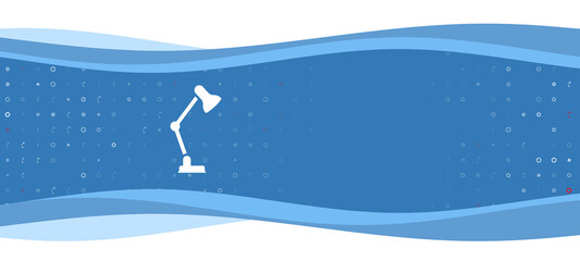 Blue wavy banner with a white table lamp symbol on the left. On the background there are small white shapes, some are highlighted in red. There is an empty space for text on the right side