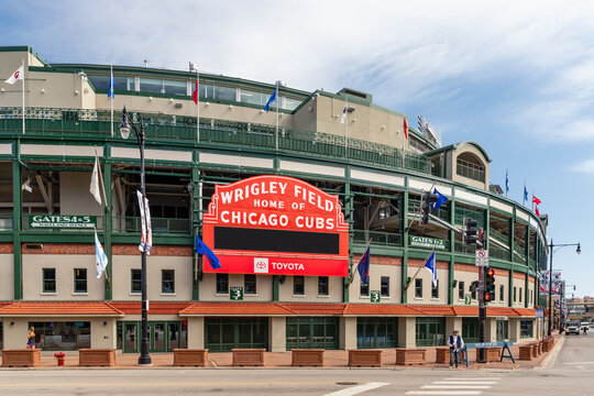 CHICAGO, IL, USA - SEPTEMBER 17, 2020: The exterior Major League Baseball's Chicago Cubs' Wrigley Field stadium in the Wrigleyville neighborhood of Chicago.