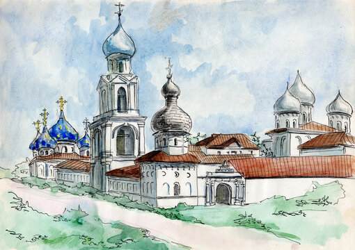 Watercolor painted architectural ink and pen sketch. Yuriev Monastery in Velikiy Novgorod