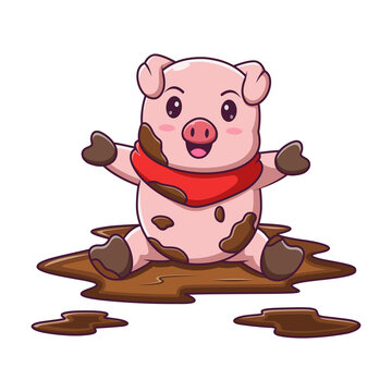 Cute cartoon pig in a puddle, vector cartoon illustration