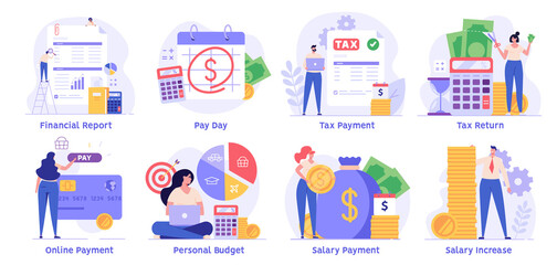 Set of illustrations for tax payment, tax return, salary payment, personal and family budget, finance control. People study the financial report, audit and accounting. Vector illustration flat design - obrazy, fototapety, plakaty