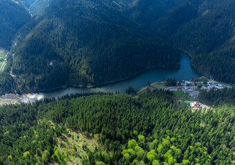 Landscape with Red Lake in Romania seen from above