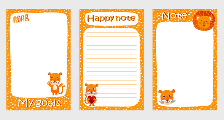 Set of planners, goals, agenda, notes and to do list for kids with hand drawn cartoon animals - lion and tiger. Template for children's schedule, planners, checklists, notepads, notes and cards