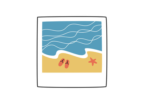 Hand drawn cute summer cartoon illustration of beach photo. Flat vector picture of sea ​​coast sticker in colored doodle style. Happy travel memories icon or print. Isolated on white background.