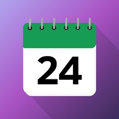 Twenty-fourth 24th of the month of january february march april may june july august september october november red calendar with yellow background with 3d shadow 