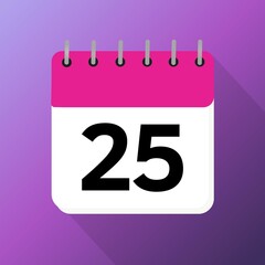 Twenty-fifth 25th of the month of january february march april may june july august september october november pink calendar with purple background with 3d shadow 