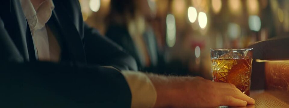 CU Portrait of handsome 30s adult Caucasian male enjoying a drink at the bar or restaurant in the evening. Shot with 2x anamorphic lens