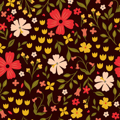 Simple seamless pattern with flowers on a dark background. Vector graphics.