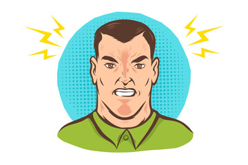 Vector illustration of angry man in vintage stylee on abstract background.