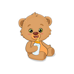 Сute cartoon teddy bear with a bottle of milk.Baby teddy bear.Card for a newborn.Vector illustration