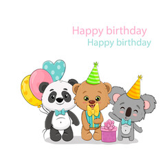 Birthday background with happy bears.Invitation for kids with cute animals.Greeting card template. Panda, koala, teddy bear.Vector illustration