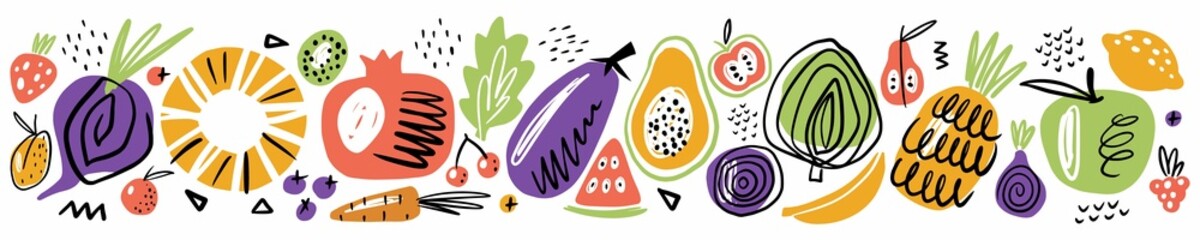 Horizontal illustration of a pattern with vegetables and fruits drawn by hand. Scandinavian style - obrazy, fototapety, plakaty