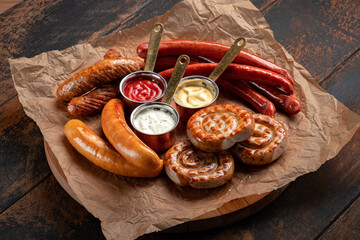 A mix of grilled sausages - Bavarian, round, Cumberland, bratwurst with ketchup and sauce on a...