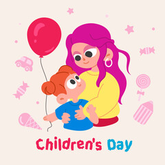 Hand drawn Children's Day greeting card with a happy child and mom. Mom hugging a child holding a balloon in cartoon style. On a pink isolated background with toys.