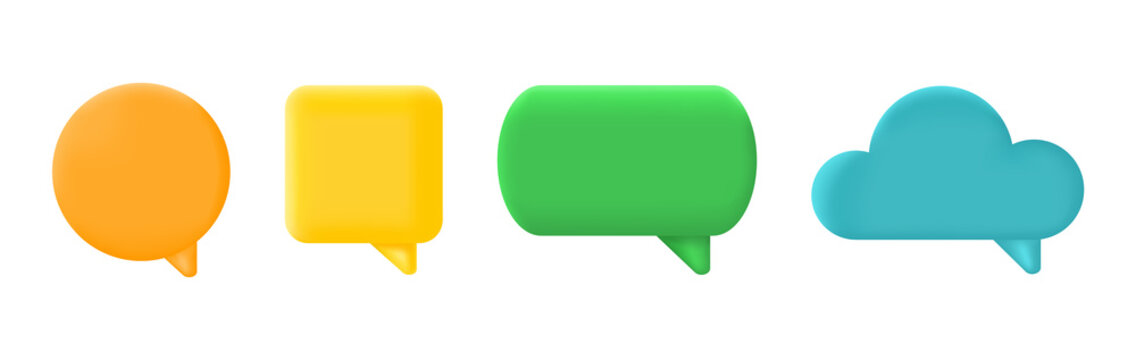 3d Speech bubble set. Color text box. Social media chat shape. Square balloon. Dialog frame. Message tag. Speak icon. Cloud icon. Speak quite sign. Business concept. Vector illustration