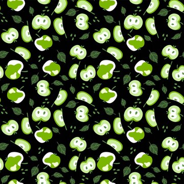 Dark summer green apples on black seamless pattern vector. Fresh green apple trees garden surface texture. Monochrome fruit endless texture by white, black and green colors