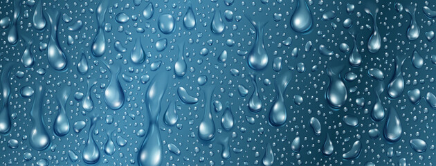 Background of big and small realistic water drops in blue colors - obrazy, fototapety, plakaty