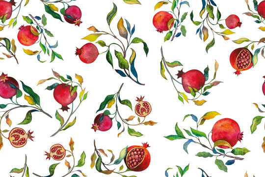 Pomegranate. Seamless pattern of watercolor pomegranate flower with fruits and leaves. Background design