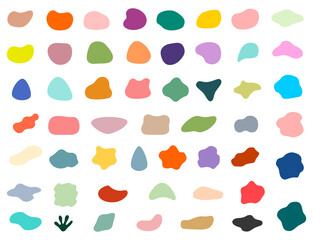 Set of different colored blotch shapes. Random abstract liquid shapes, round abstract organic elements. Pebble, drops and blobs silhouettes. Simple rounded shapes.