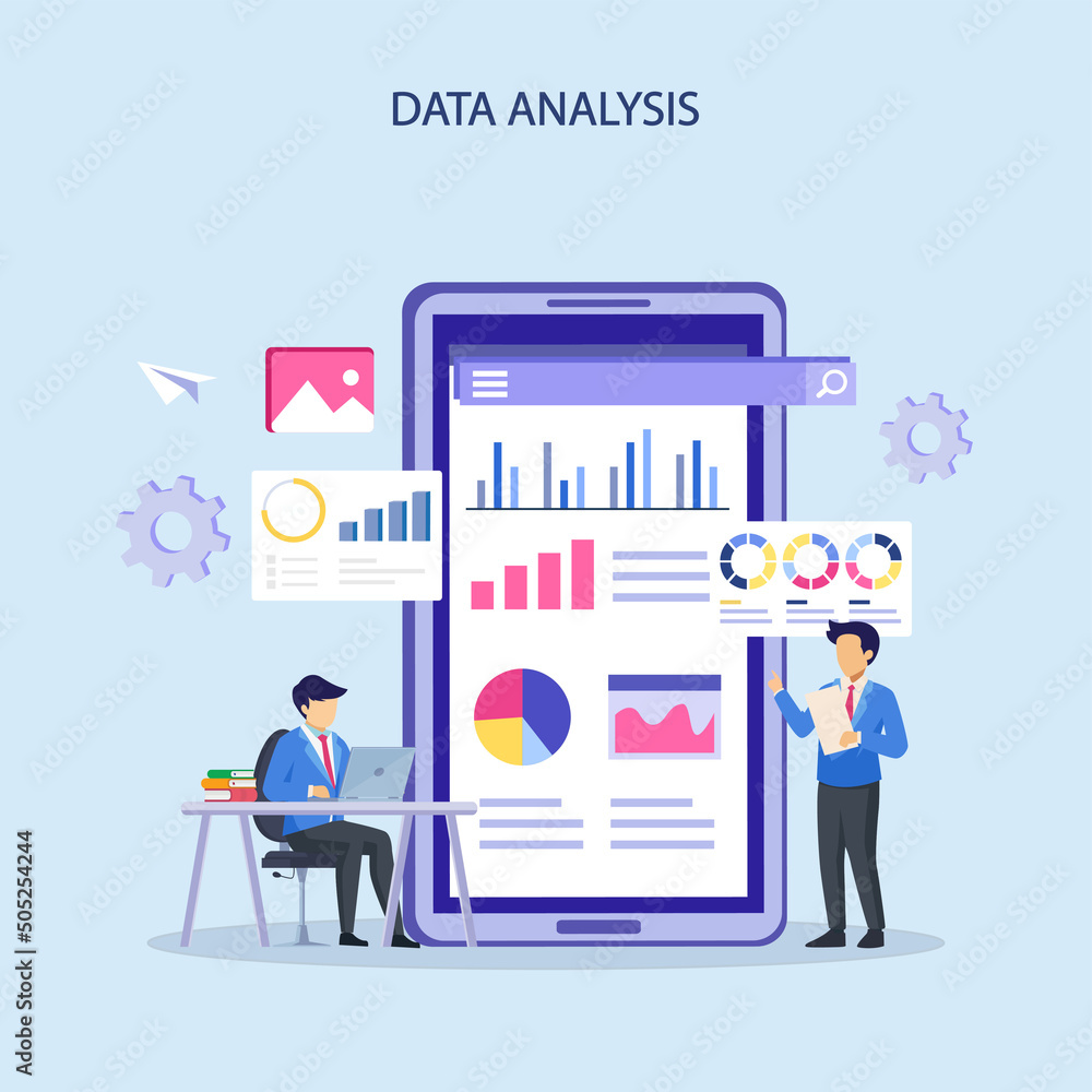 Poster data analysis illustration vector. statistical for business finance investment concept on monitor gr