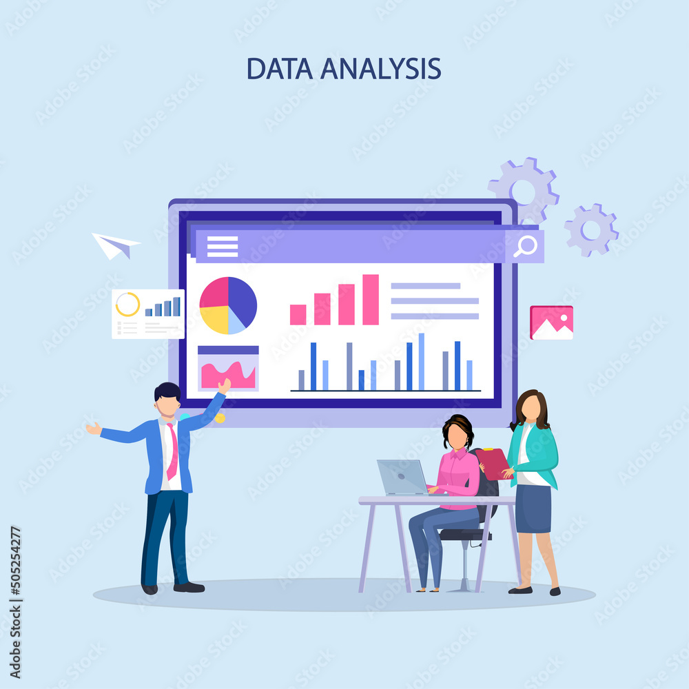 Poster data analysis illustration vector. statistical for business finance investment concept on monitor gr