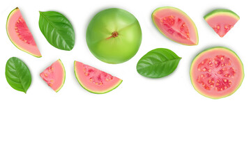 Naklejka premium Guava fruit with slices isolated on white background with clipping path and full depth of field. Top view. Flat lay