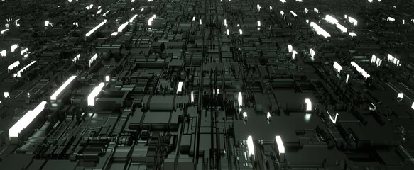 Dark futuristic city mechanism. Abstract circuit board with glowing 3d render chips in cyberspace. Night techno metropolis with bright halogen lighting. Collection of digital information and storage
