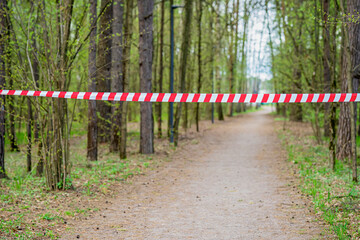 Finishing line ribbon in forest, sport outdoors. Sport, country activity