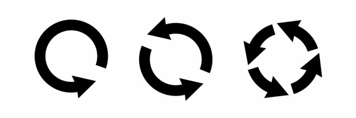 Circular arrow and icon, refresh symbol and reload set. Repeat sign and update illustration. Collection of rotation with black cursor and circular arrows. Vector