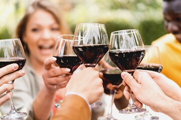 Cropped shot of friends toasting wineglasses of cabernet - Selective focus on the glasses with the...
