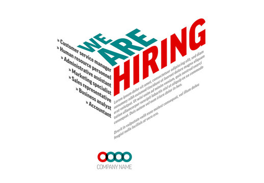 We Are Hiring Flyer Layout with Red and Teal Big Isometric Letters
