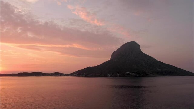 Panoramic view of Telendos island at sunset. View from Kalymnos island, Greece.