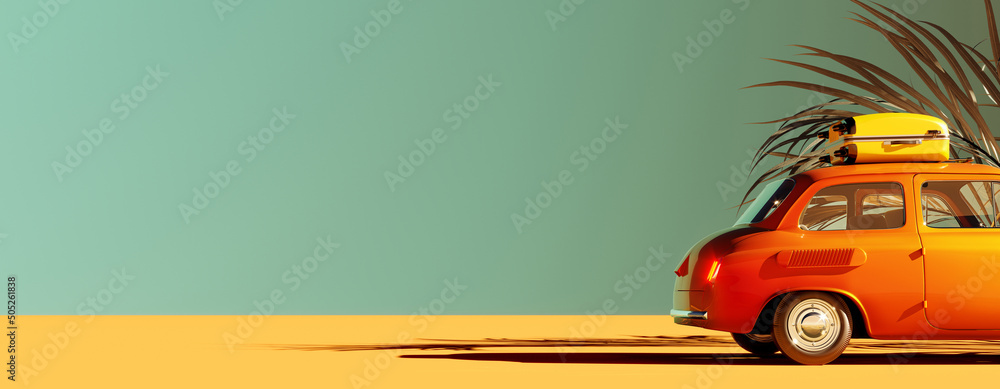 Sticker Orange retro car with luggage and palm leaf decoration on empty green wall background 3D Rendering, 3D Illustration