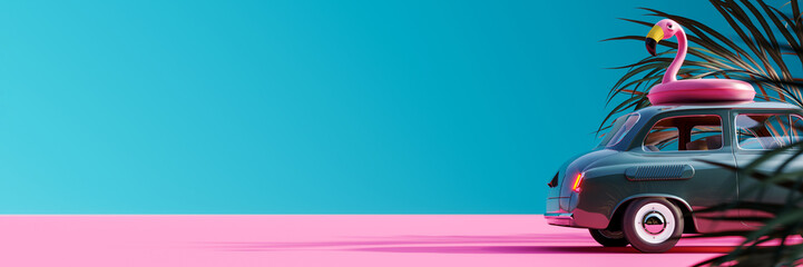 Green retro car with pink flamingo inflatable on the roof and palm tree on blue background 3D Rendering, 3D Illustration  © hd3dsh