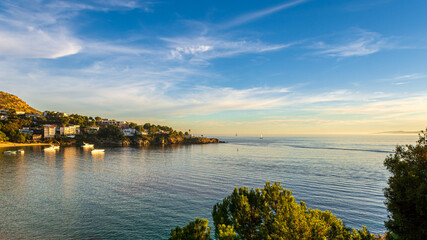 Panorama over the beautiful beach l'Almadrava in the gulf of Rosas, Mediterranean sea, Costa Brava, Catalonia, Spain.
